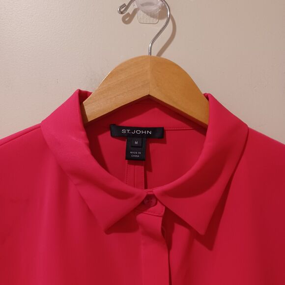 ST. JOHN Draped Dolman Sleeve Blouse Size M Pink Lagenlook Relaxed Fit Collared - Picture 2 of 9